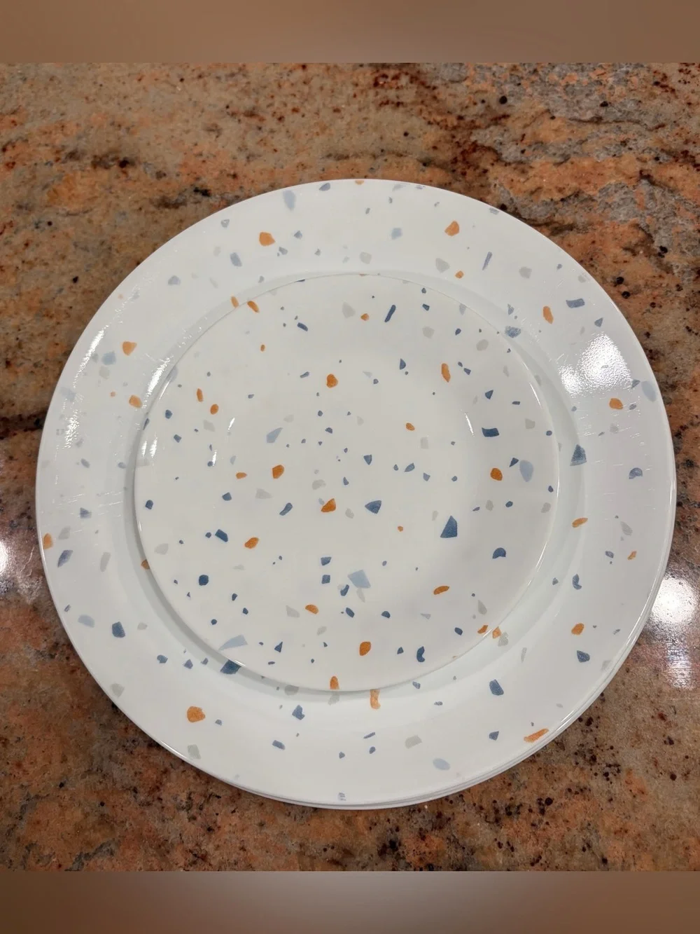 Vtg Corelle Dinner and dessert Plates orange, blue Grey Rosa Terrazzo Speckle